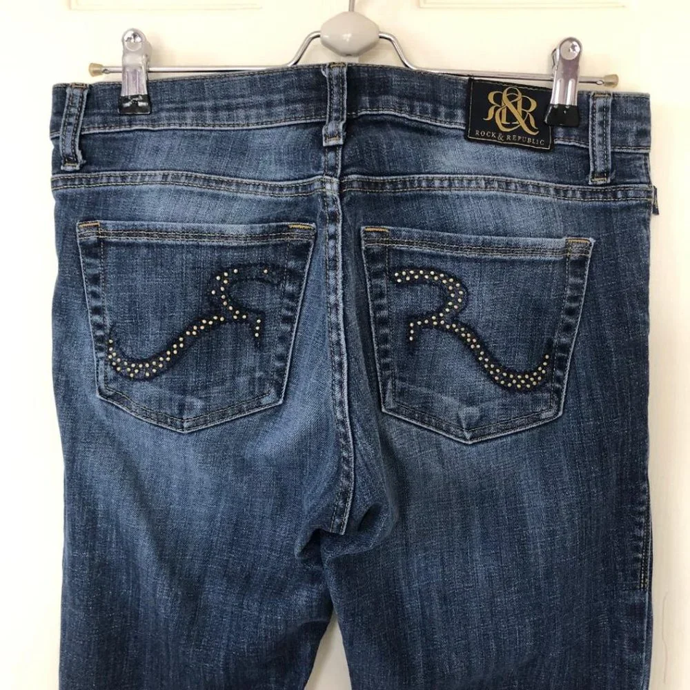 Rock & Republic Kasandra Jeans 8 Boot 30 x 31 Medium Wash Mid‎ Whisker R010388